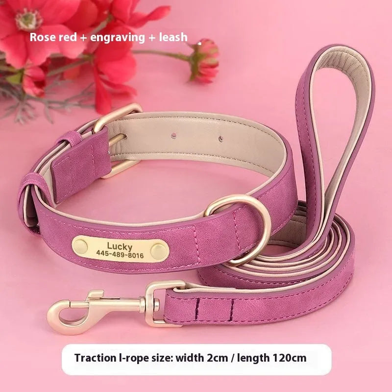 Double-layer leather dog collar with mohair lining and a matching traction rope in rose red.