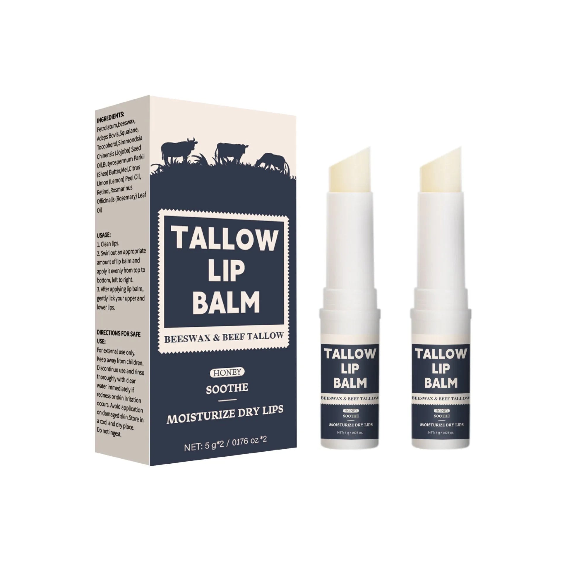 Two beef fat lip balms in standard size packaging for universal skin types