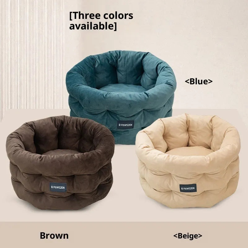 Winter warm pet bed for cats in khaki colour, cloth construction, medium size 48x26cm