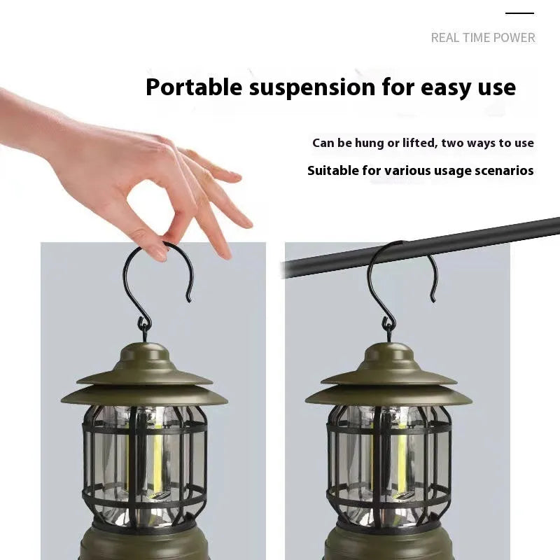 Dark green portable head lamp and camping lantern with dimensions 16.6x6.7x9.6 cm.