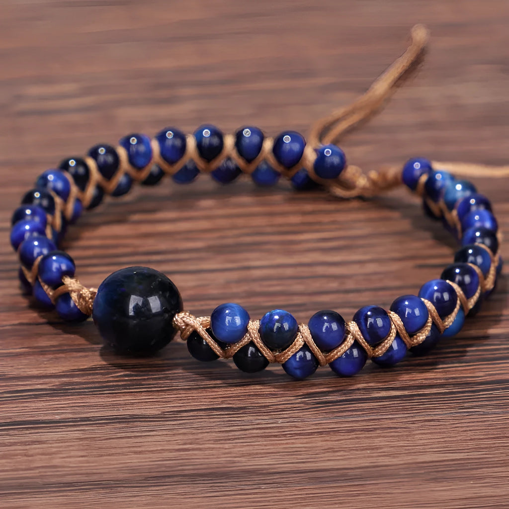 Handmade woven geometric pull bracelet in blue Tigereye or Amethyst stone beads for casual unisex wear.
