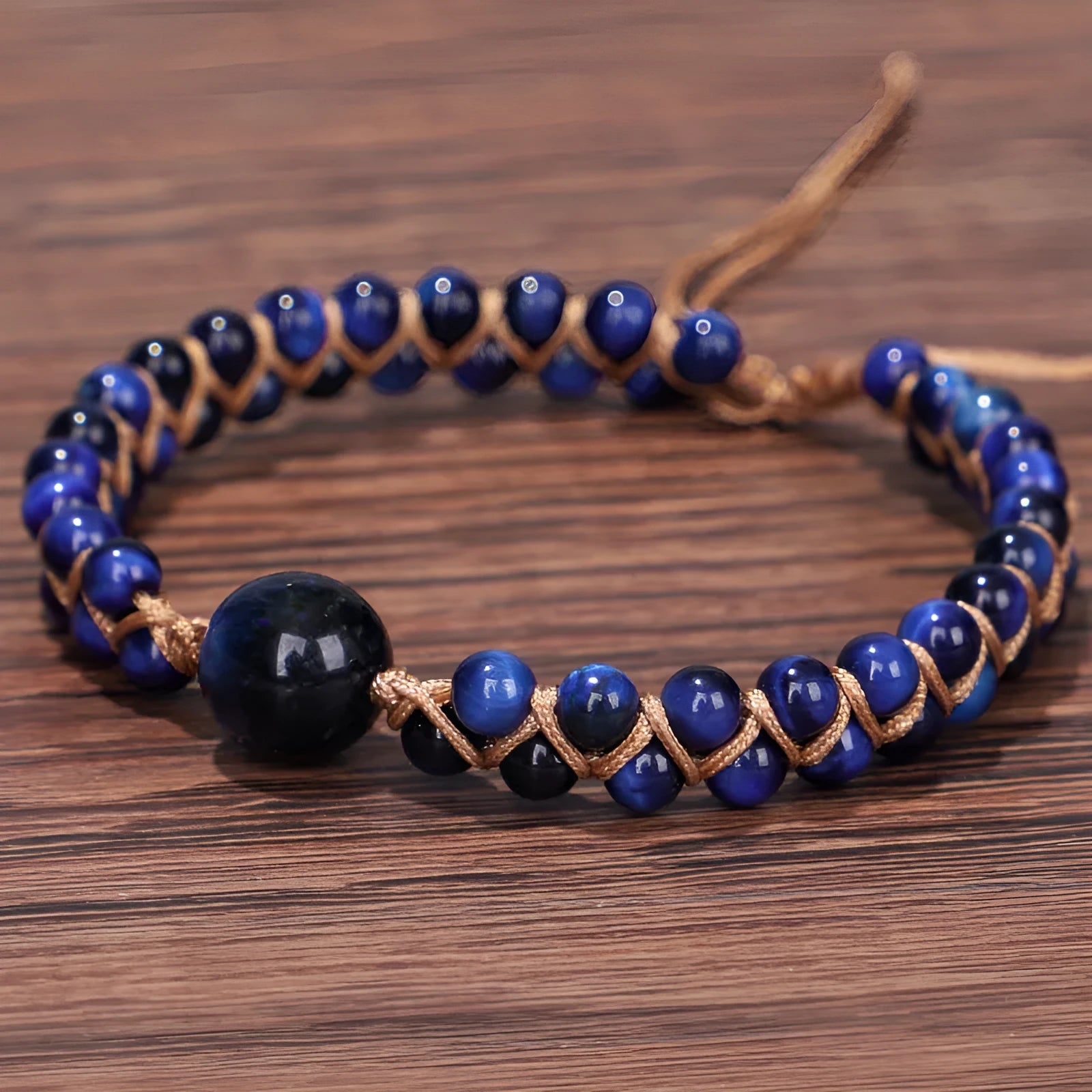 Handmade woven geometric pull bracelet in blue Tigereye or Amethyst stone beads for casual unisex wear.