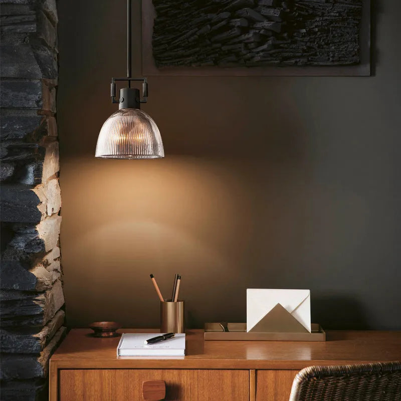 American retro striped glass chandelier with copper metal frame and transparent glass cover, 36cm diameter
