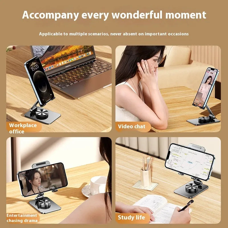 Rotatable folding mobile desktop stand in black on desk holding smartphone