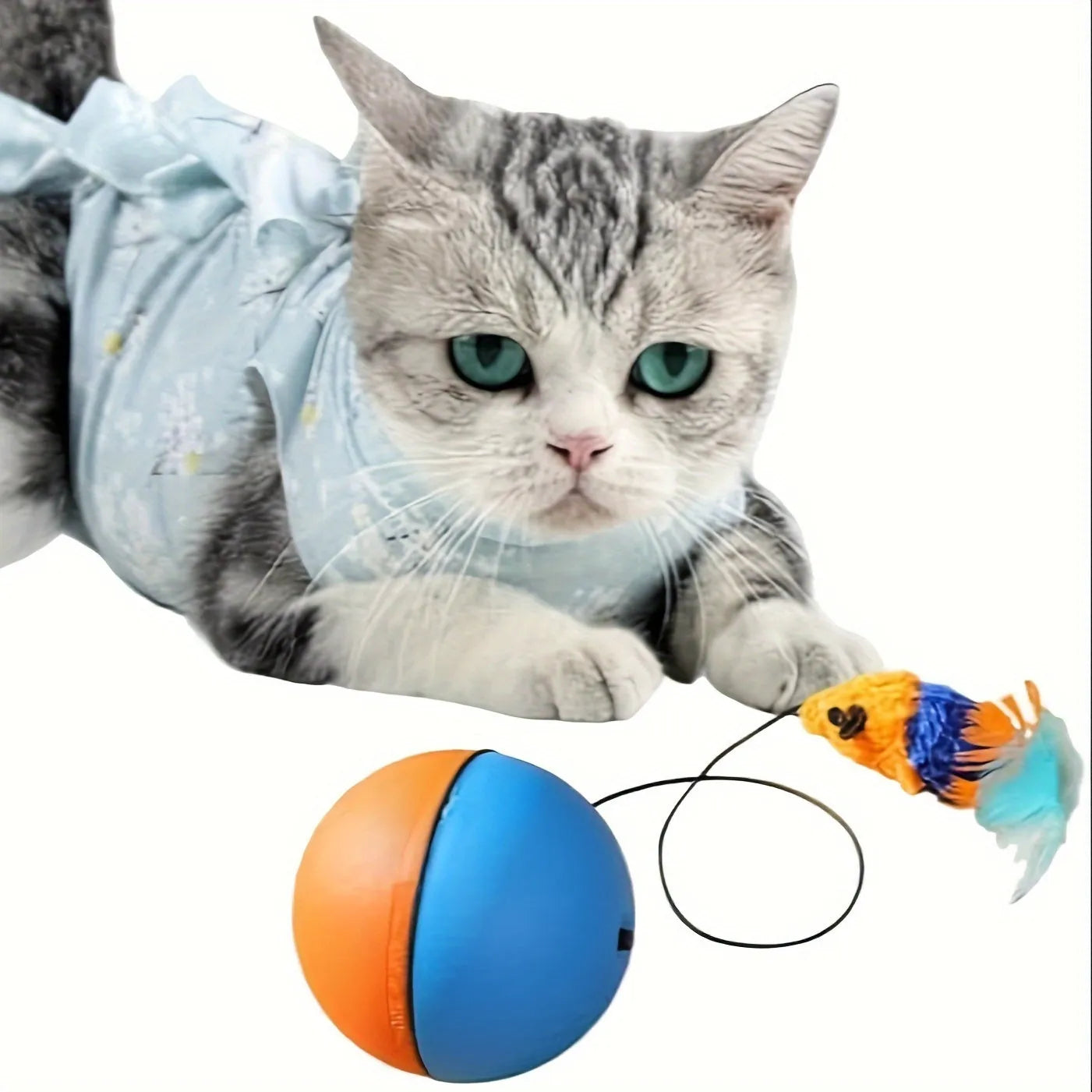 Interactive blue and orange cat toy with plush mouse and ball elements for feline exercise