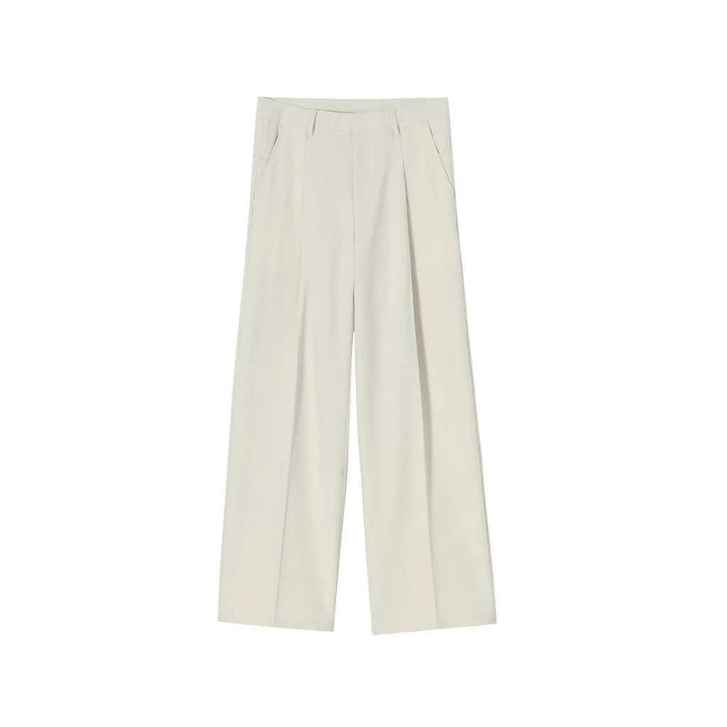 Men's straight mid-waist suit pants in black polyester blend, lying flat, showing straight leg cut and mid-rise waistband.