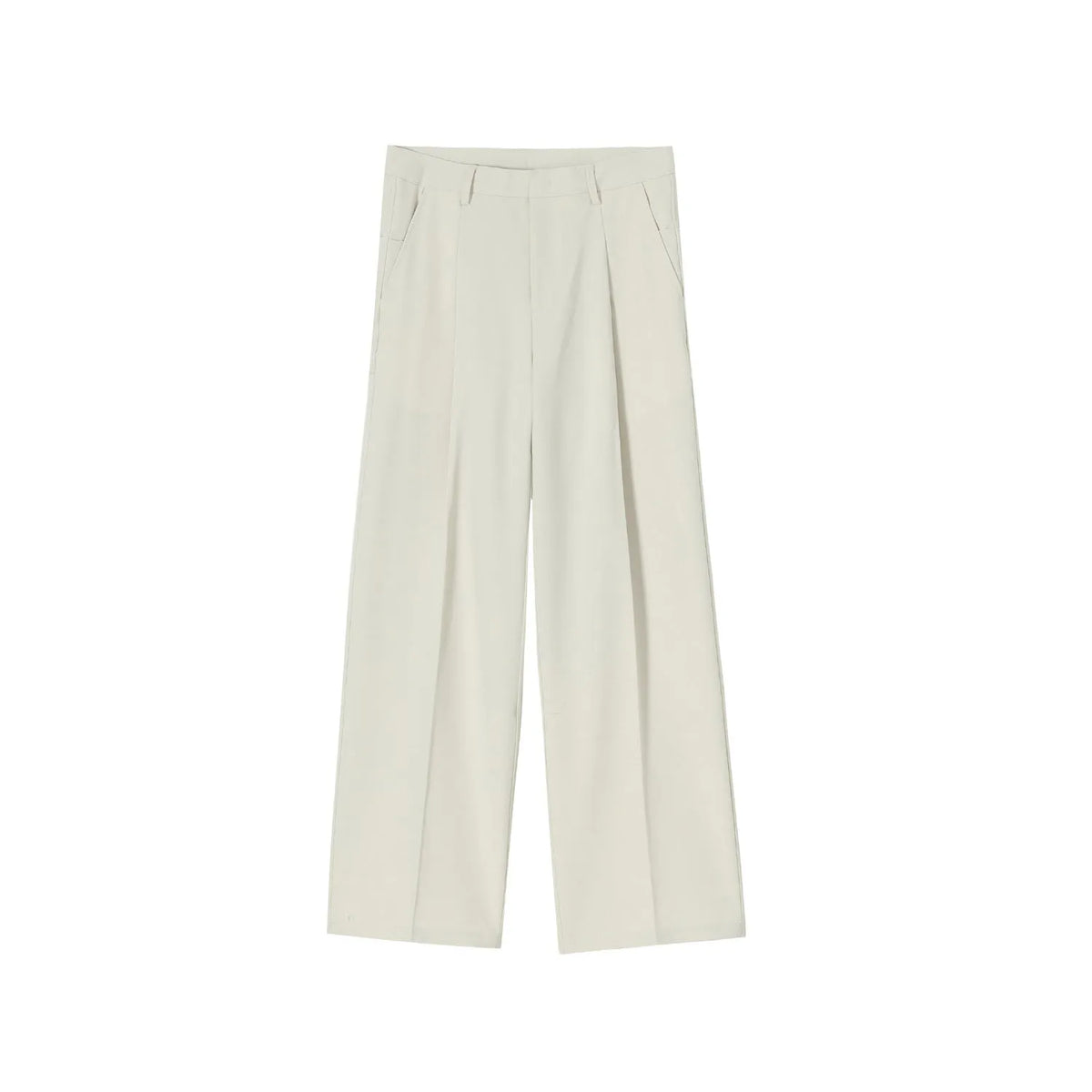 Men's straight mid-waist suit pants in black polyester blend, lying flat, showing straight leg cut and mid-rise waistband.