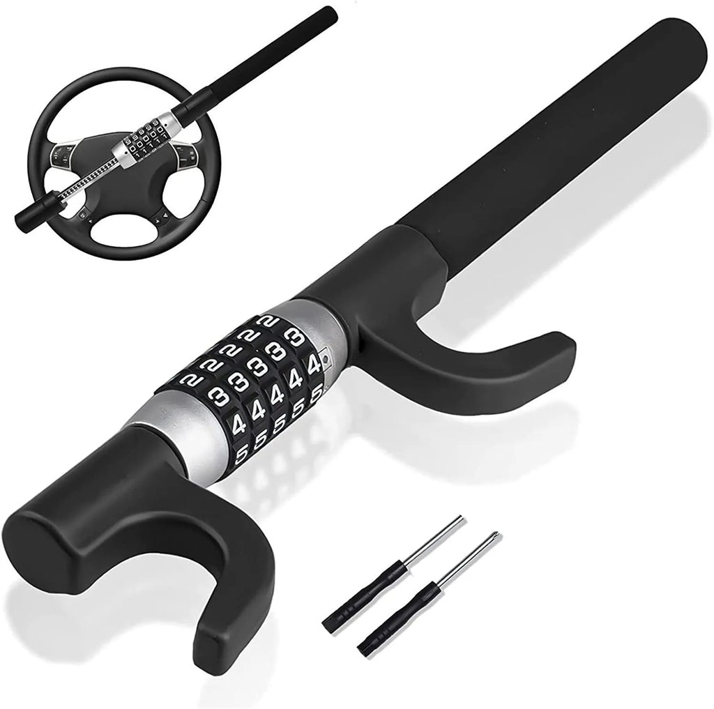 Password-protected alloy steel steering wheel U-lock for vehicle anti-theft security in black, blue, or red