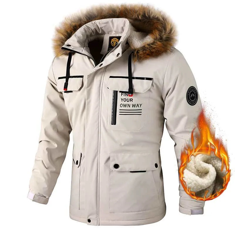 Men's casual hooded windproof parka in Army Green with fur collar, British style, multiple pockets