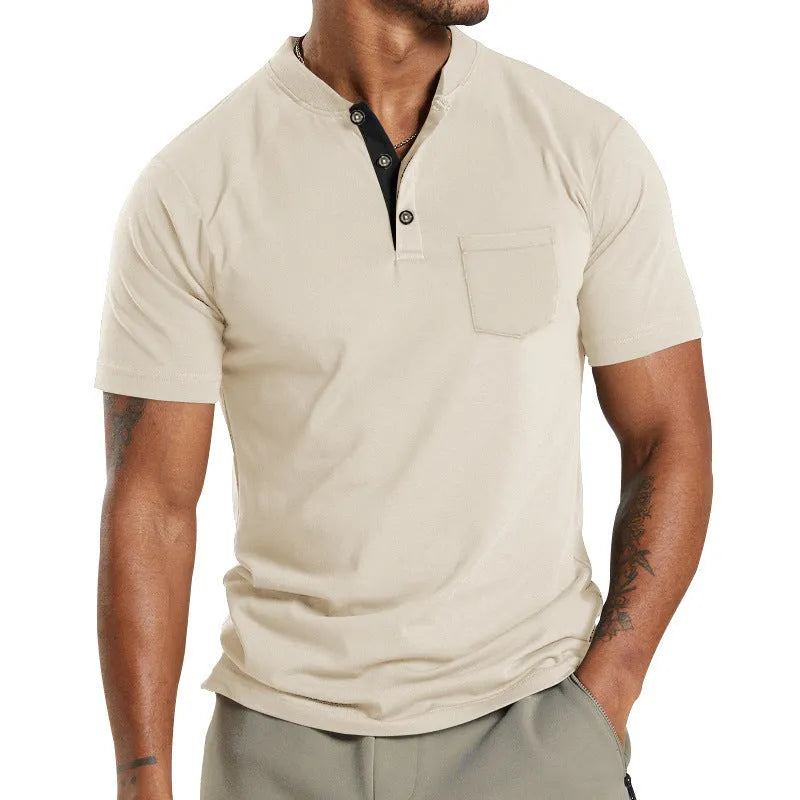 Men's plus size short sleeve button-down shirt in light khaki with a chest pocket.