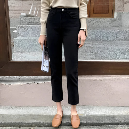 Black plus velvet smoke pipe jeans leggings with straight-leg cut and composite velvet finish for women