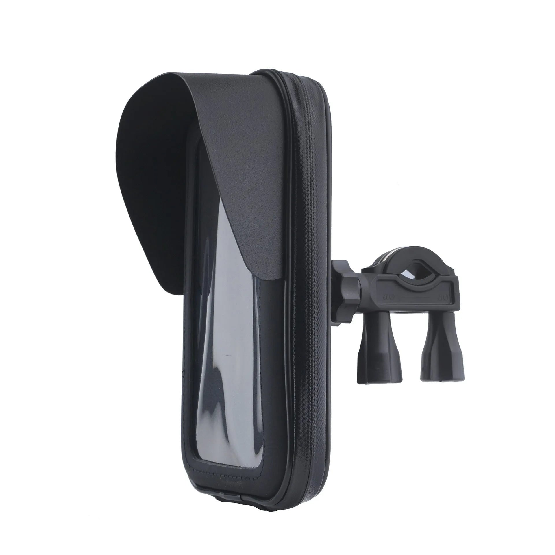 XL black bicycle waterproof phone mount bag made of PU leather, shown on handlebars with sun visor attached.
