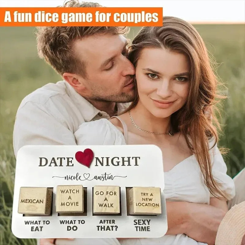 Wooden date night dice set showing five wooden dice, a rectangular planner board, and a black storage bag.