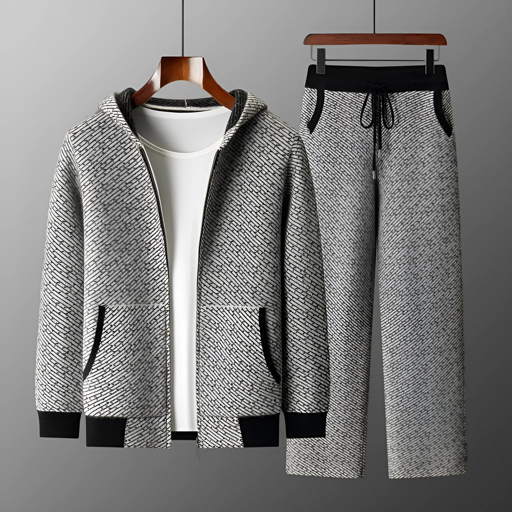 Men's hooded wool cardigan set with long sleeves and matching pants in black, blue, and camel