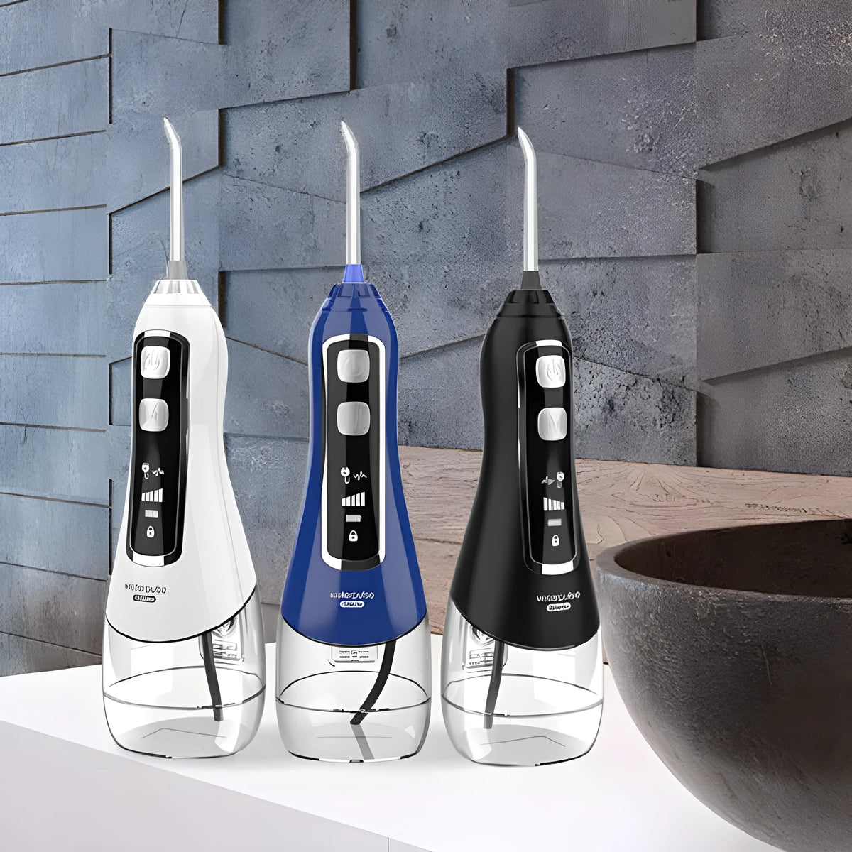V580 portable electric water toothpick dental irrigator in white, black, blue, and purple colours