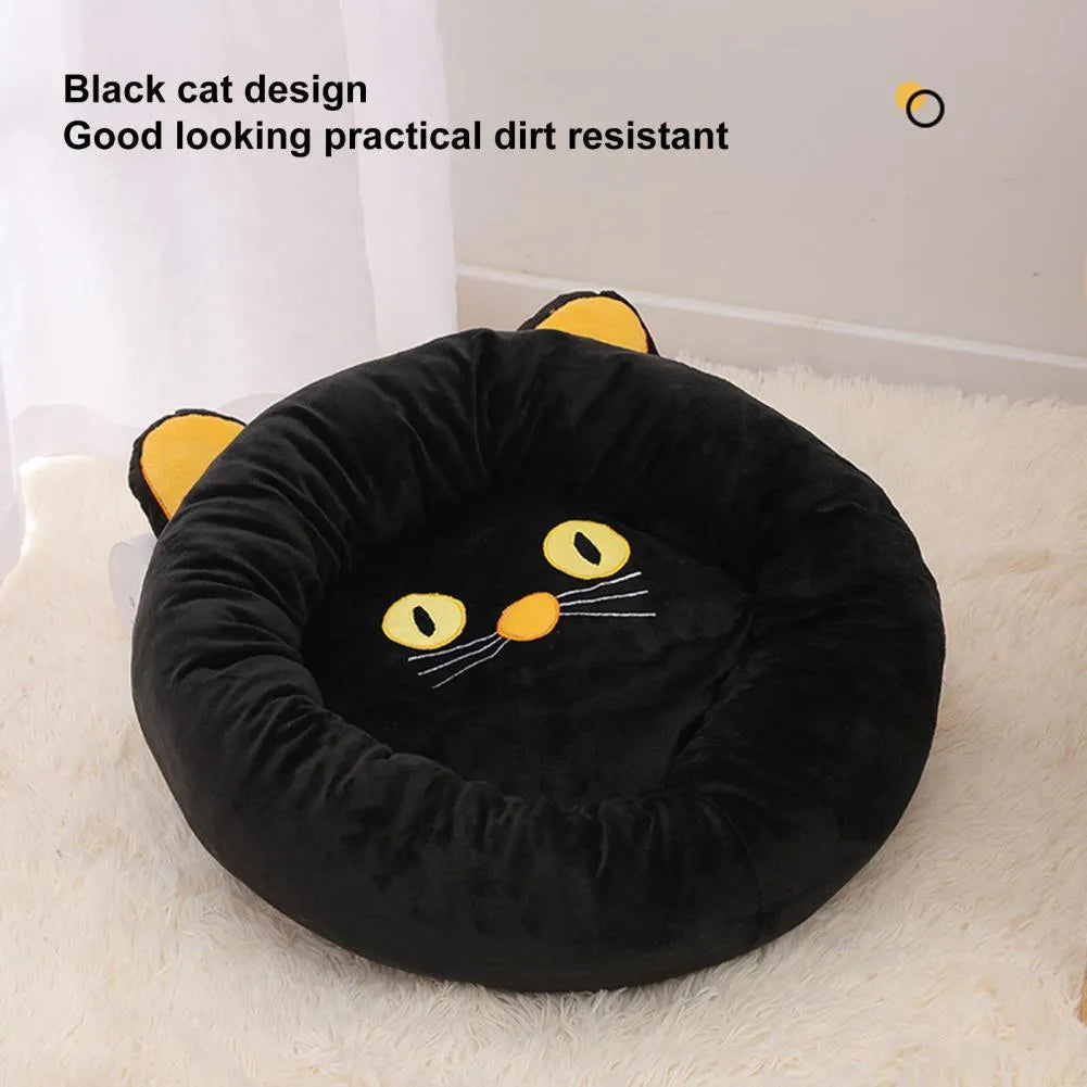 Black cat shaped velvet pet nest bed with raised edges for head support