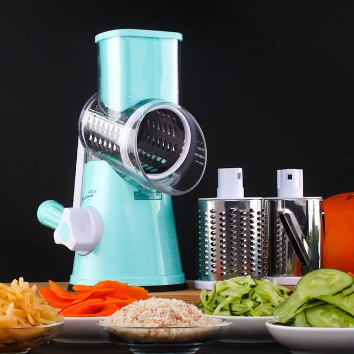 Manual round kitchen mandoline slicer with stainless steel blades in blue colour