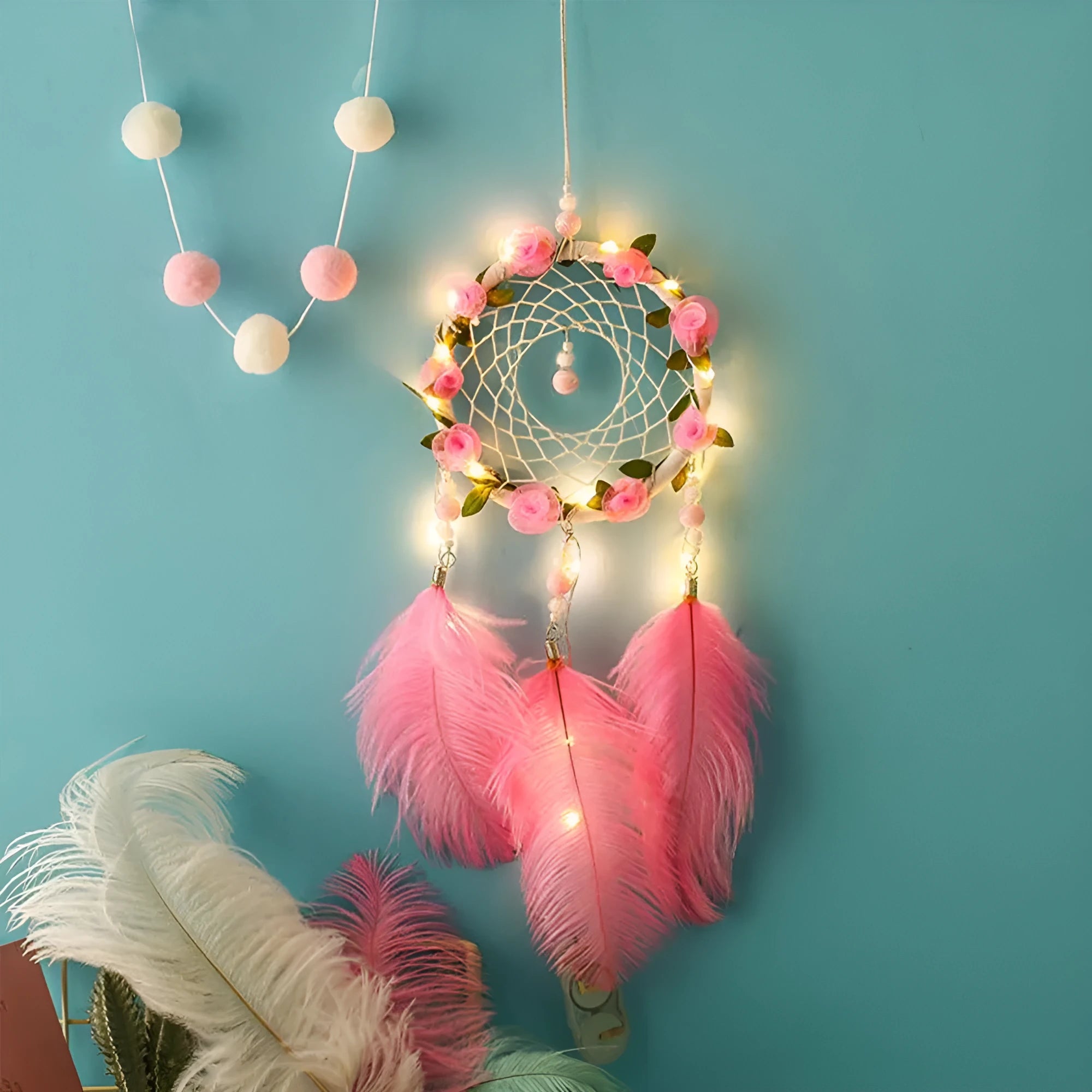 Pink dreamcatcher wind chime wall ornament with ostrich feathers, 10cm diameter