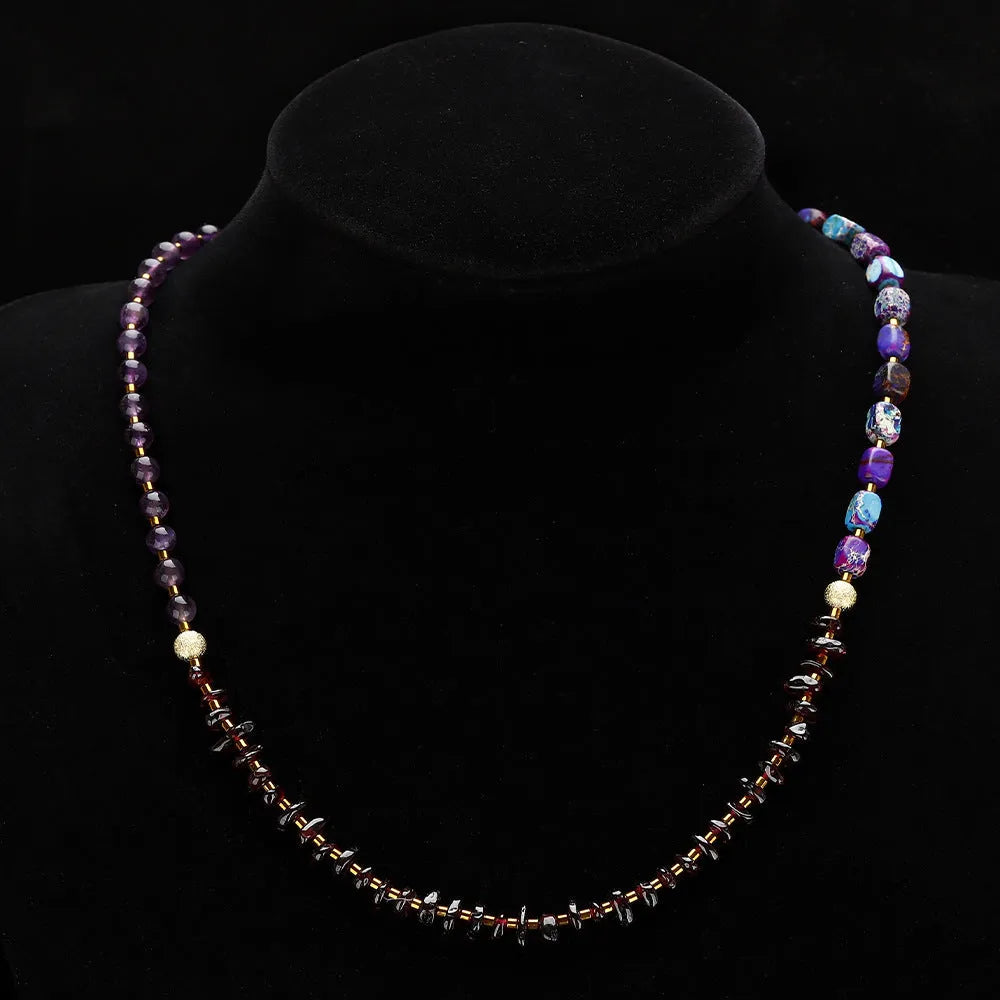 Purple amethyst round beads geometric bracelet with garnet accents and textured detailing