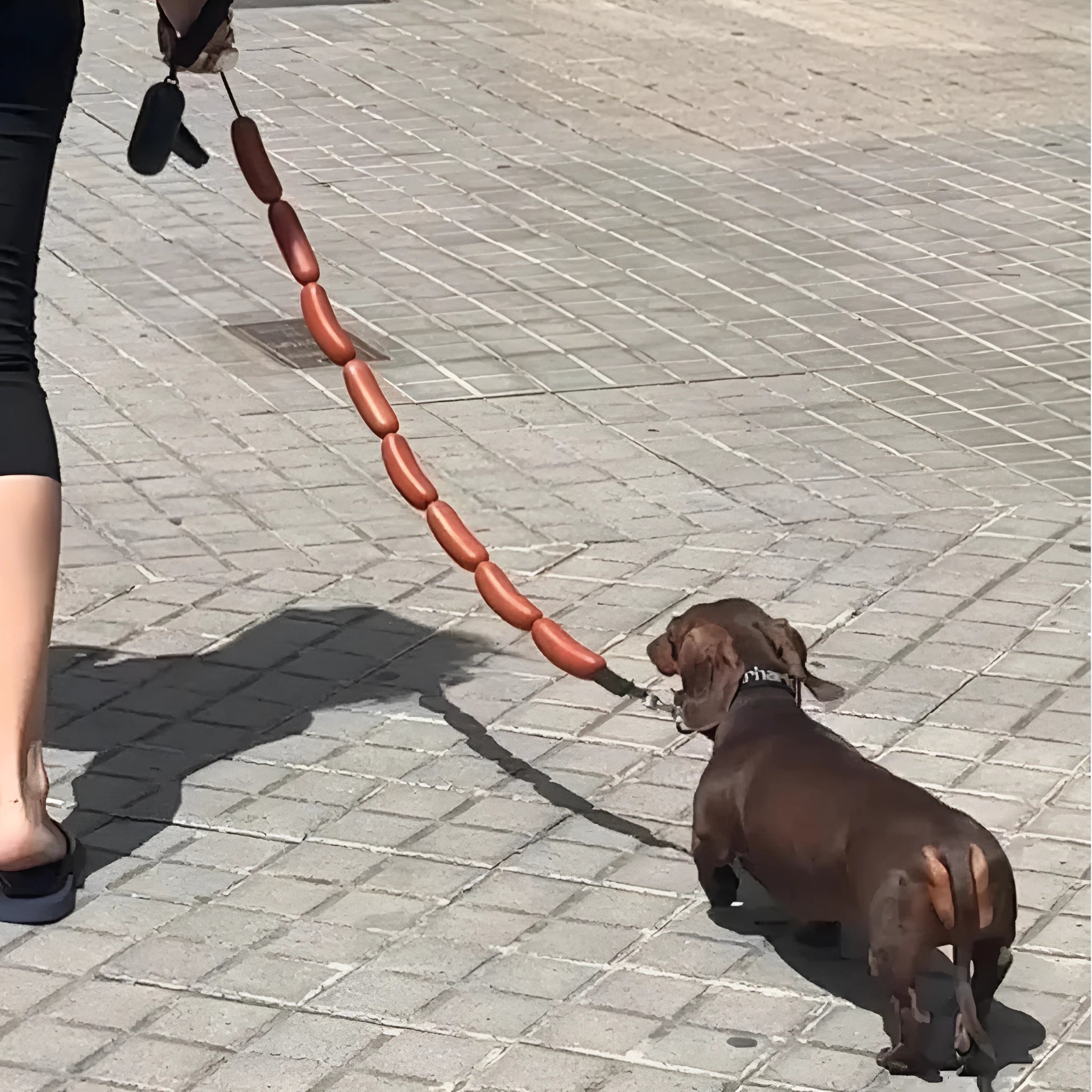 Brown nylon cat toy leash with large sausage segments and a black grip tape handle, shown at full 108cm length.