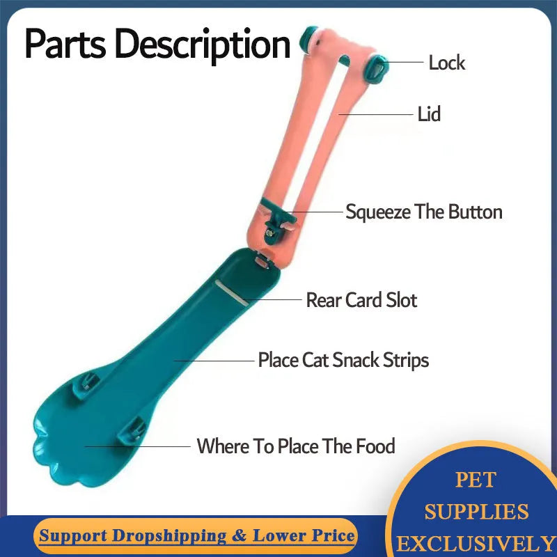 Green and pink pet feed spoon for snack extrusion and cereal dispensing with squeezer feeder design