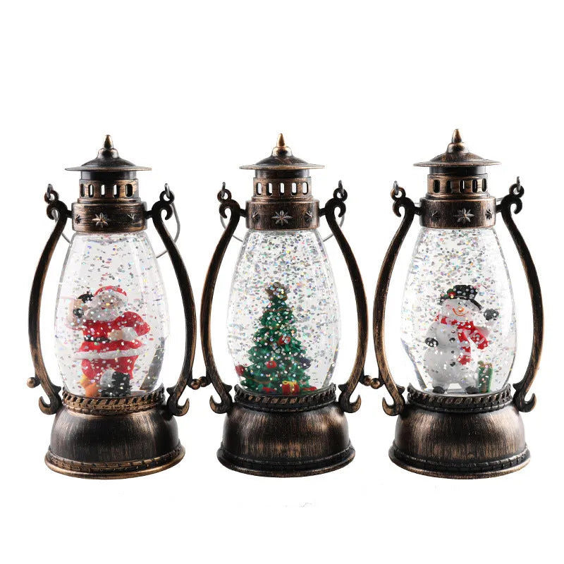 Plastic Christmas oil lamp desktop decoration with glowing crystal ball in snowman and elderly figure styles.