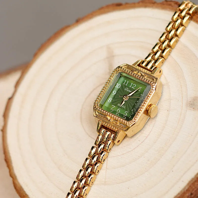 Women's square copper strips mid-ancient watch with green dial and gold strap