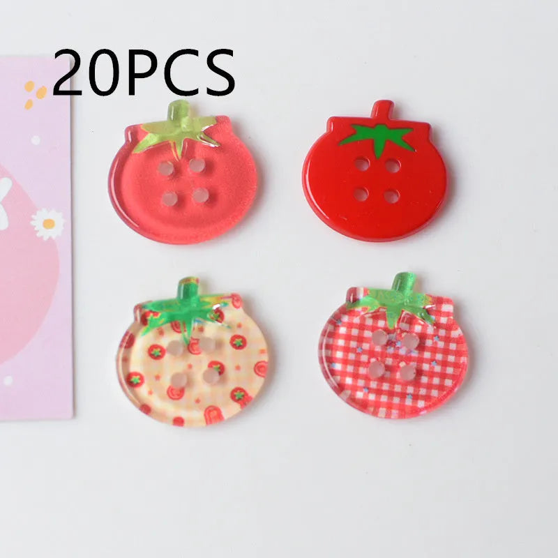 Plastic tomato button ornaments in cherry tomato printing, red plaid, solid red, and mixed colour designs