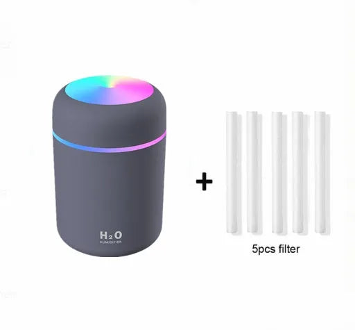 Mini USB cup humidifier in Dark Grey with colourful night light and mist, 78x78x120mm