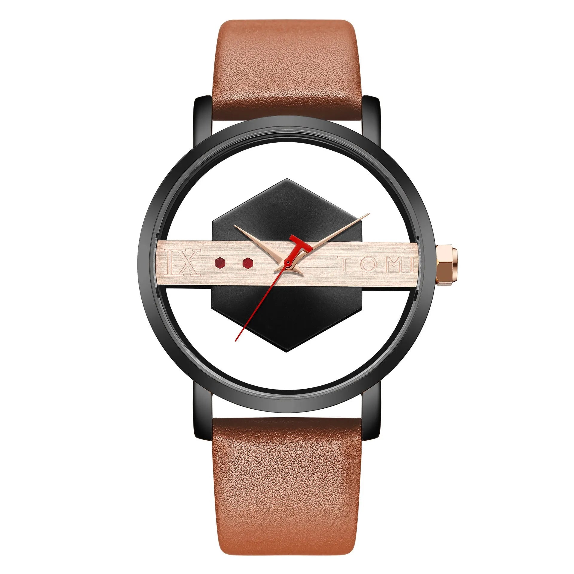 Hollow out see-through unisex leather casual quartz watch with brown gold surface and slim 10mm case