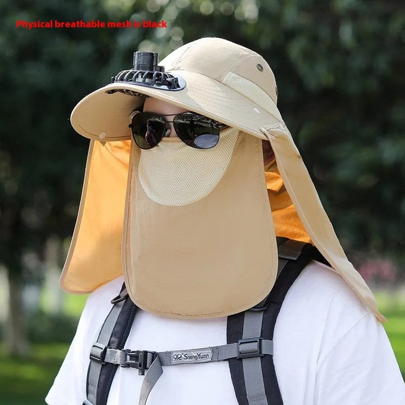 Men's khaki sun hat with built-in USB fan and fabric covering for neck and face.