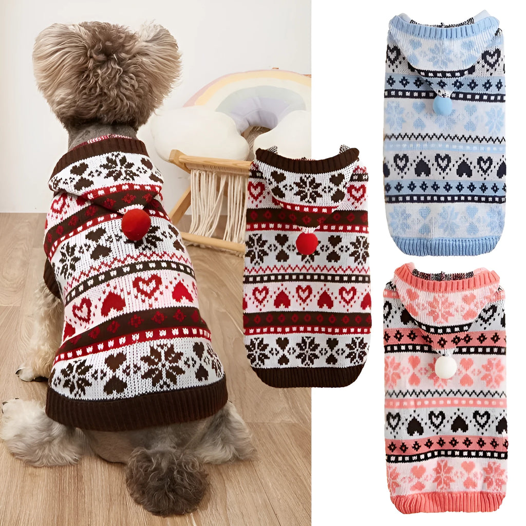 Knitted acrylic dog sweater with striped camouflage pattern in pink, blue, or grey for small breeds