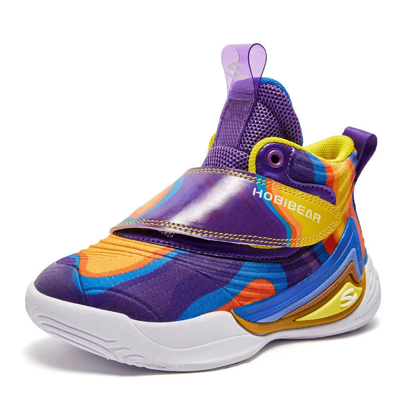 Children's PU mesh basketball shoes with Velcro closure in purple blue for size 28-39