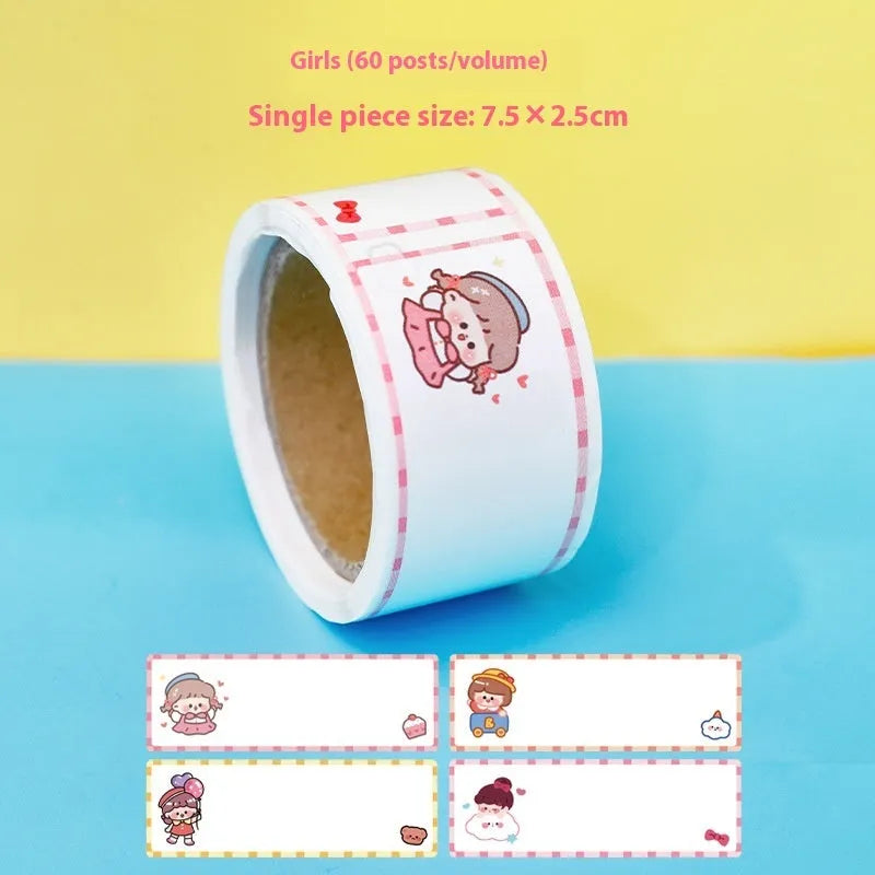Roll of cartoon name stickers with dinosaur, astronaut, rabbit and girl design options