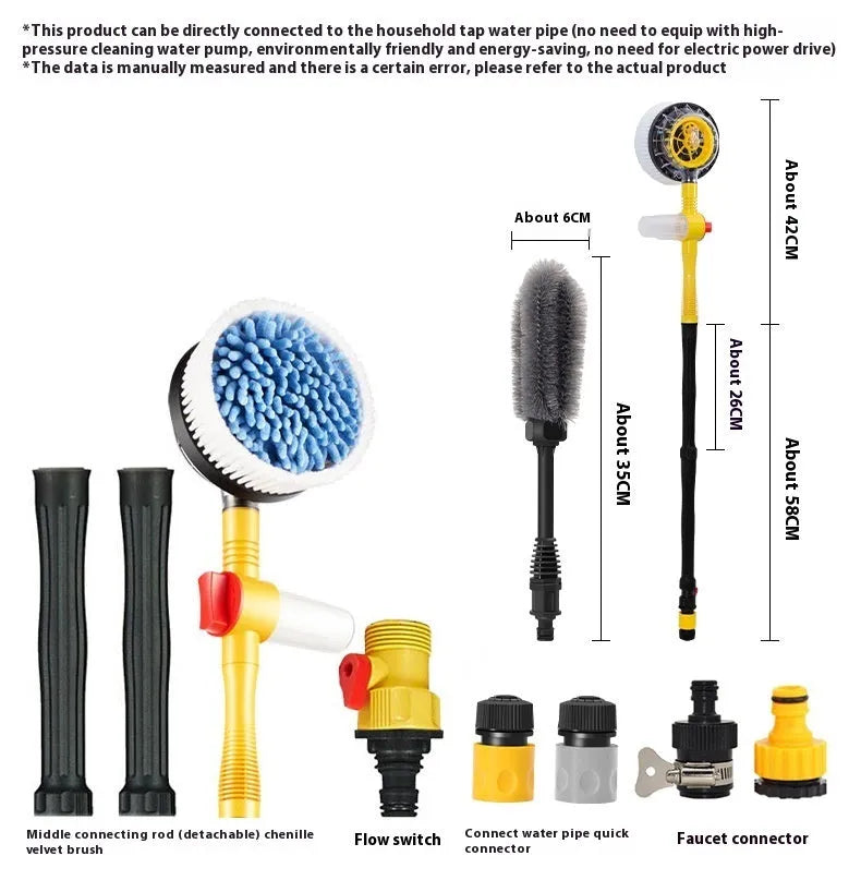 Yellow car wash mop with hydraulic controls and dual-material brush head