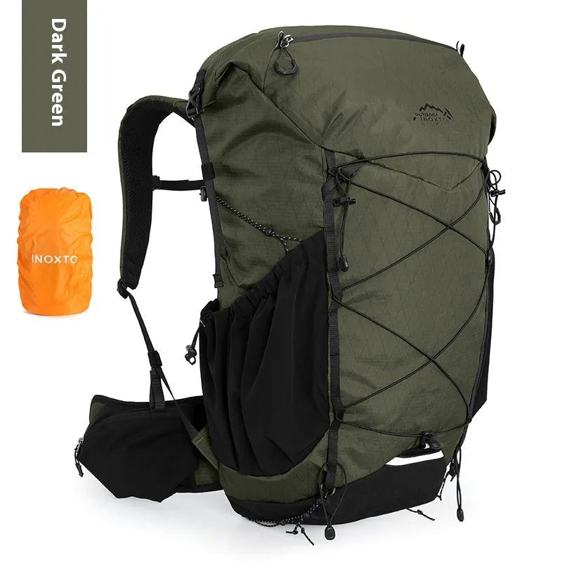 Large capacity waterproof mountaineering backpack with internal frame in black for camping and hiking