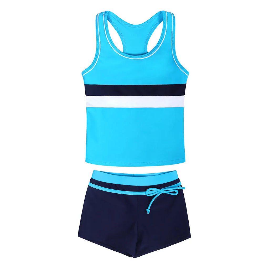Girls two-piece split boxer swimsuit with chest pad in blue, hot pink, watermelon red, sizes M to 4XL
