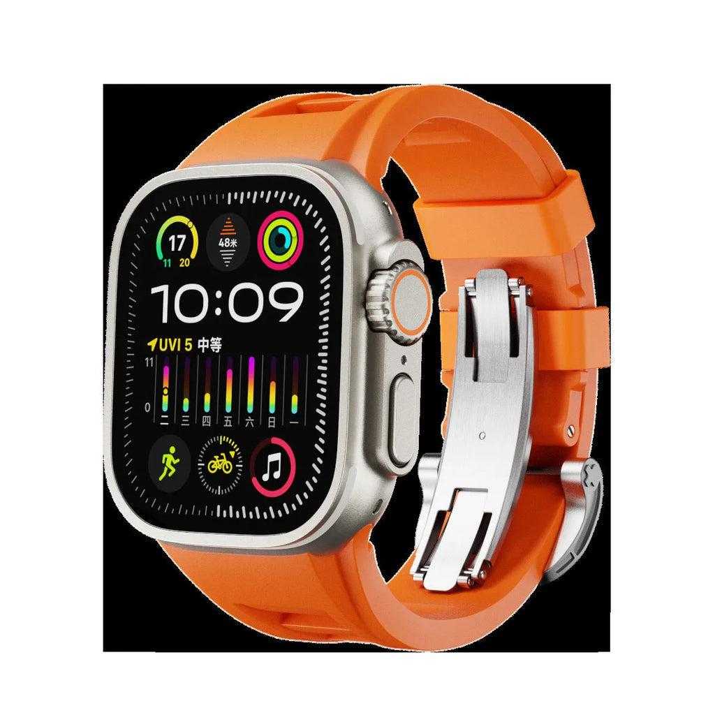 Orange liquid silicone watch strap with silver folding buckle for 42-49mm cases