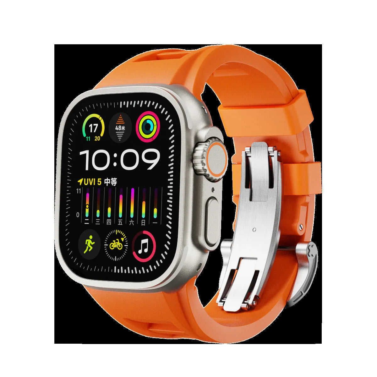 Orange liquid silicone watch strap with silver folding buckle for 42-49mm cases