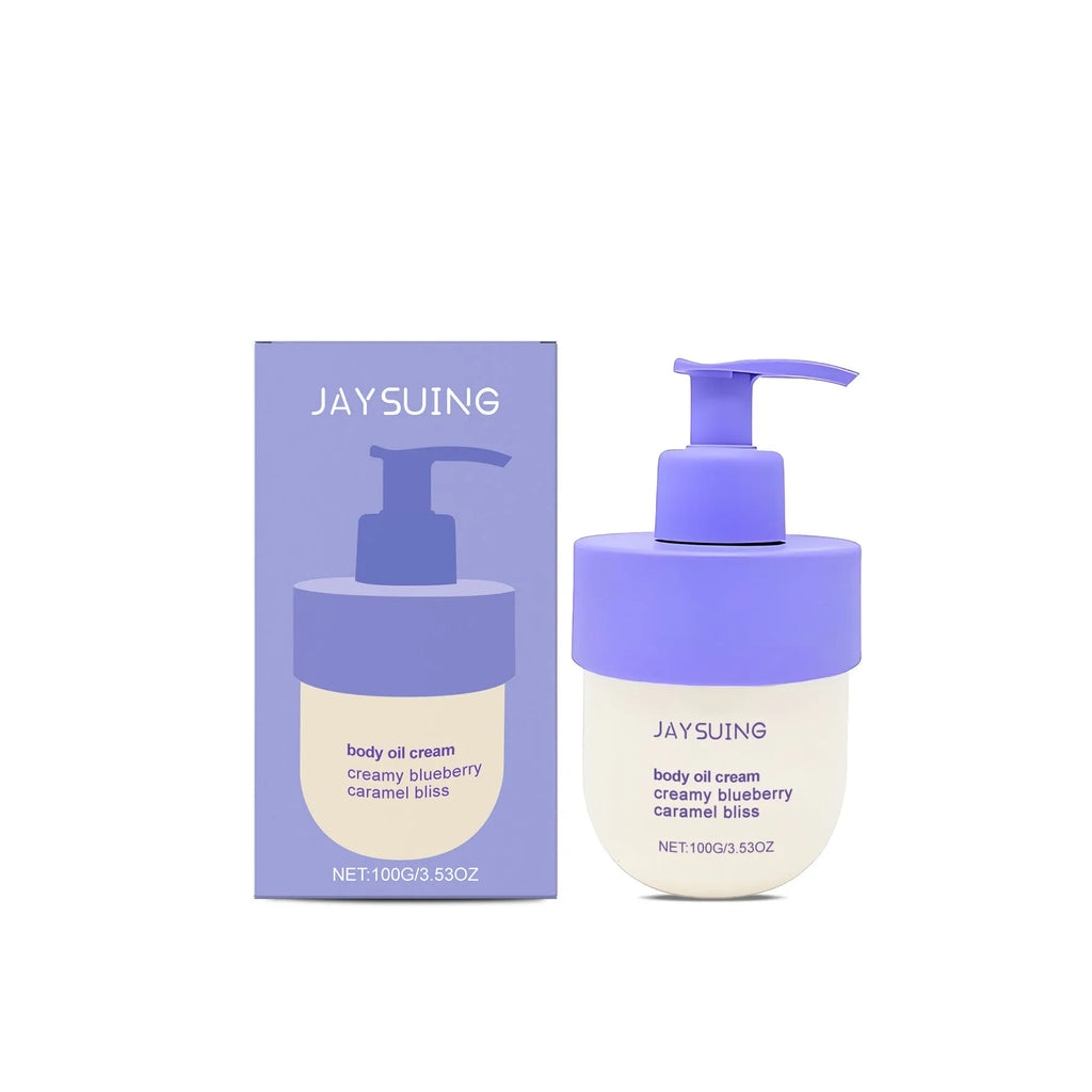 Blueberry Caramel Body Cream jar with 114g net content, a moisturiser for universal skin types.
