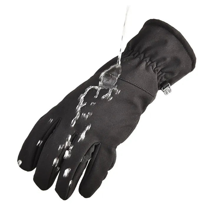 A pair of tactical camouflage winter ski gloves with touch screen fingertips on a neutral background.