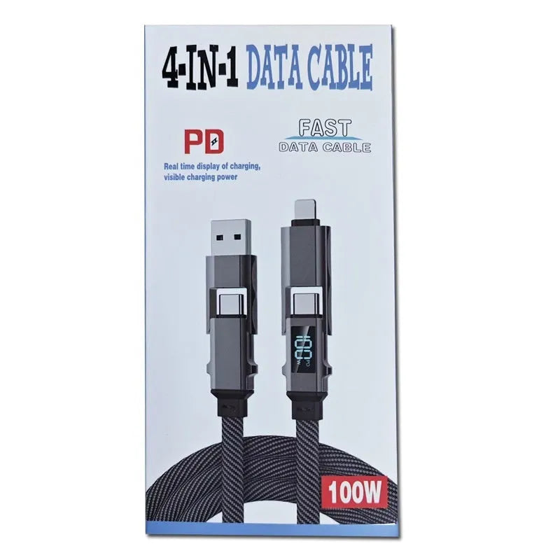 Black four-in-one charging cable with digital display and zinc alloy connectors on a surface
