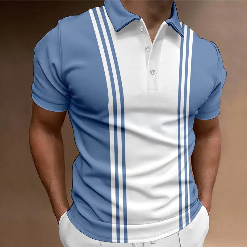 Men's loose-fit casual T-shirt with a printed three-button lapel on the front.