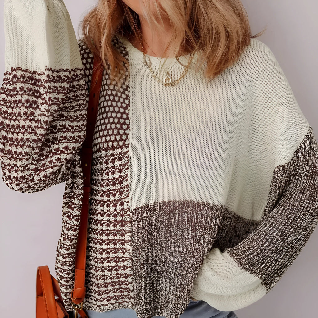 Dark khaki loose fit sweater showing back tie detail on colour block panel.