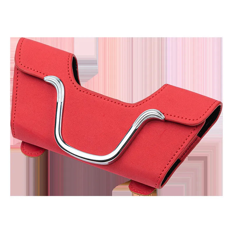 Car glasses case sun visor storage box in canvas measuring 8cm x 17.5cm, available in beige, black, brown, and red
