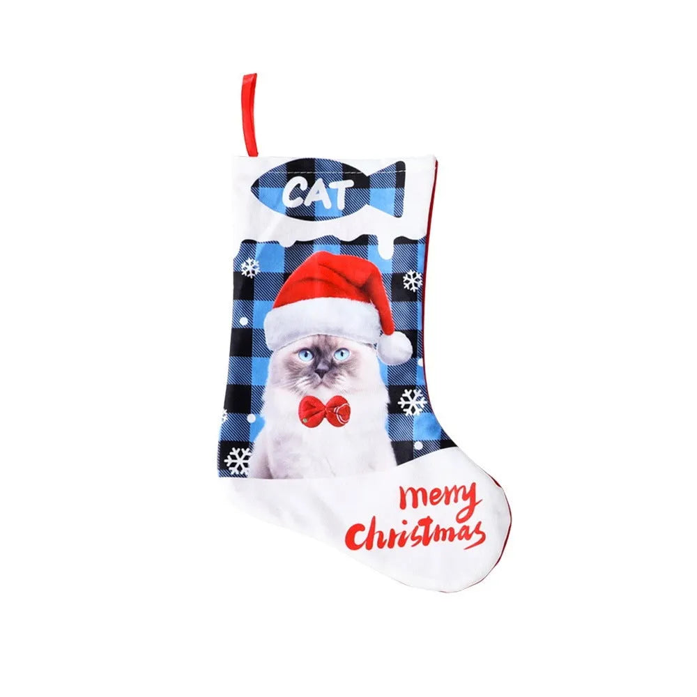 26x36cm printed cloth Christmas banner with puppy and cat designs in plaid patterns