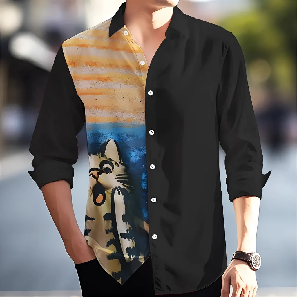 Man wearing a loose-fitting floral print Hawaiian shirt with long sleeves.