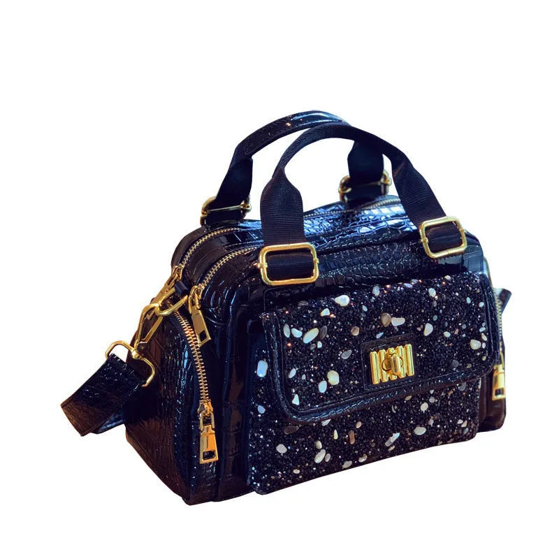 Black cowhide leather shoulder bag with diamond pattern, large capacity, for casual travel