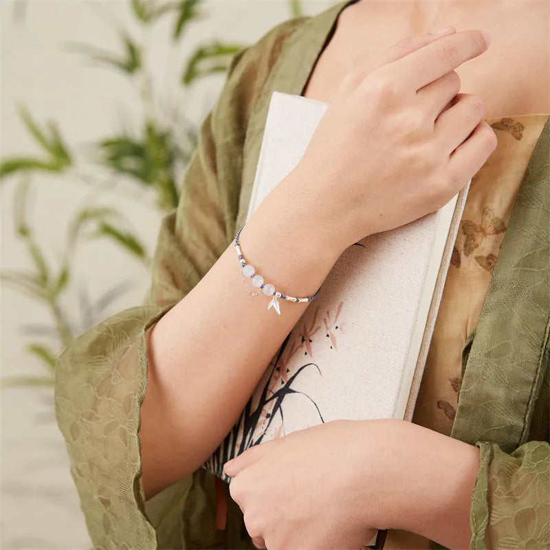 Handmade Hetian jade and chalcedony bracelet with woven strap in light green or blue colours
