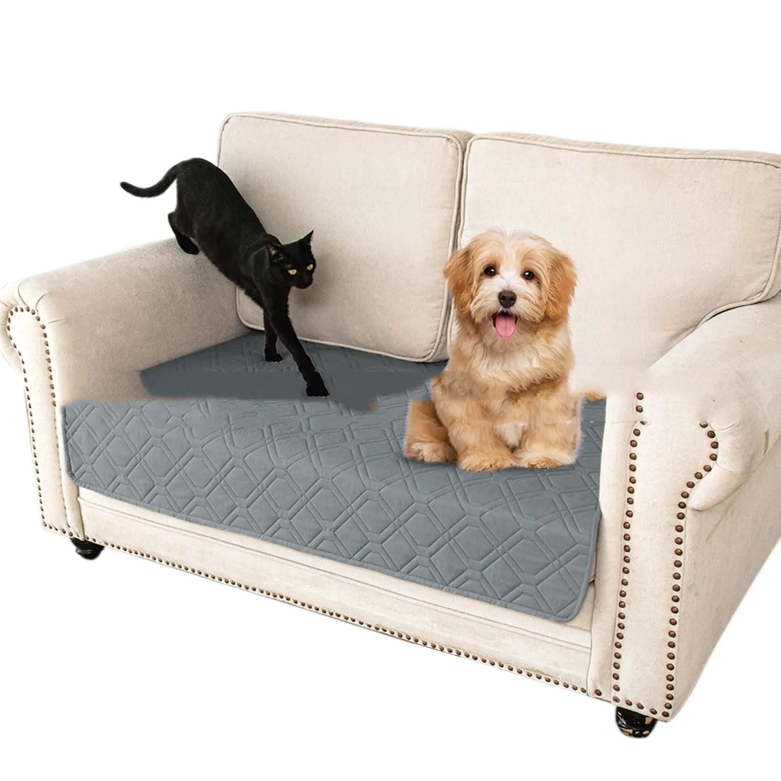 Double-sided waterproof dog sofa cushion showing contrasting colour options and multiple size measurements